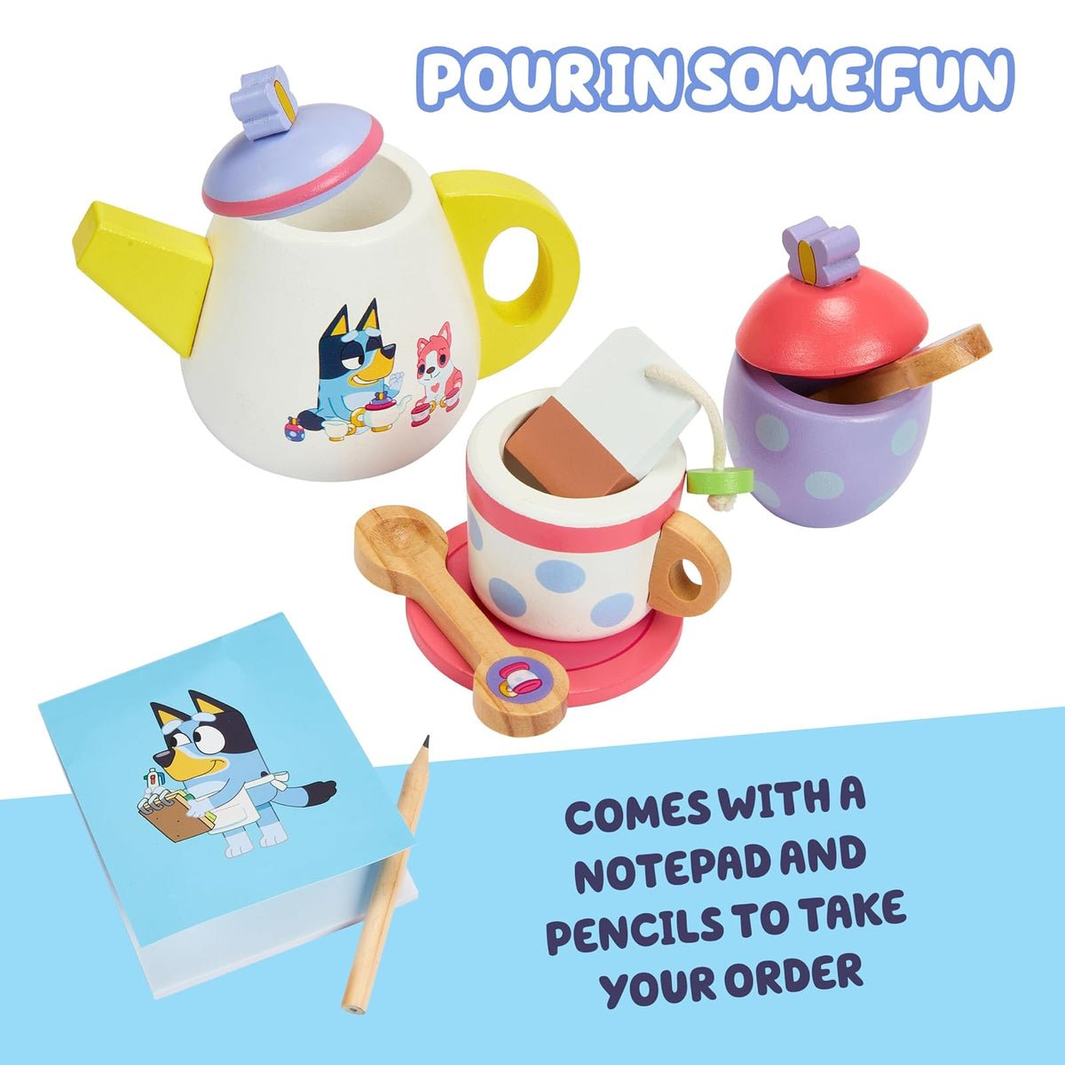 Bluey Tea Party Set Juego De Té para Niños | Pequeño, 18 piezas, madera, con bandeja tetera tazas galletas bloc