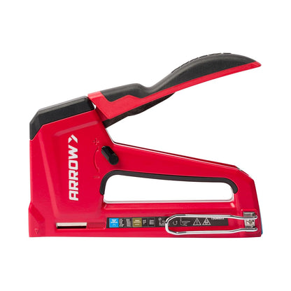 Arrow T50RED2 - Pistola de grapas manual de alta resistencia 2 en 1 y clavadora para tapicería, enmarcado, aislamiento, manualidades y muebles, rojo