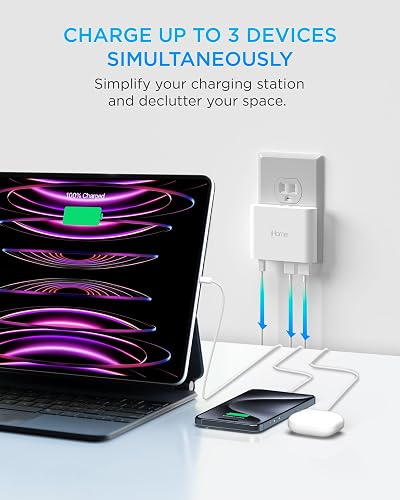 iHome Cargador de Pared USB multipuerto 32 W AC Pro: estación de Carga para Varios Dispositivos con 3 Puertos USB (1 USB-C, 2 USB-A): Carga rápida, compatibilidad Universal