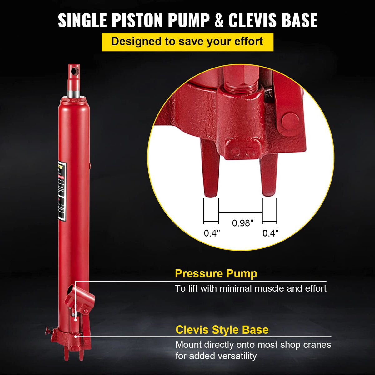 VEVOR Cilindro Hidráulico Largo para Grúa de Taller 8 T Soporte de Motor de Cilindro Hidráulico con Bomba de Pistón Único Base de Horquilla para Motor de Elevación, Mantenimiento Automático