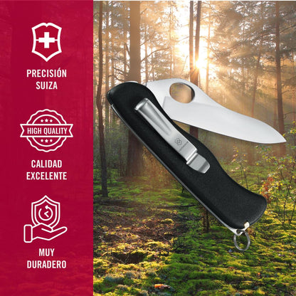Victorinox Navaja Sentinel, Negra, 5 Usos | Cuchillo de bolsillo con apertura de una mano con clip de bolsillo, pinzas y palillo de dientes. Mango de poliamida de 111 mm