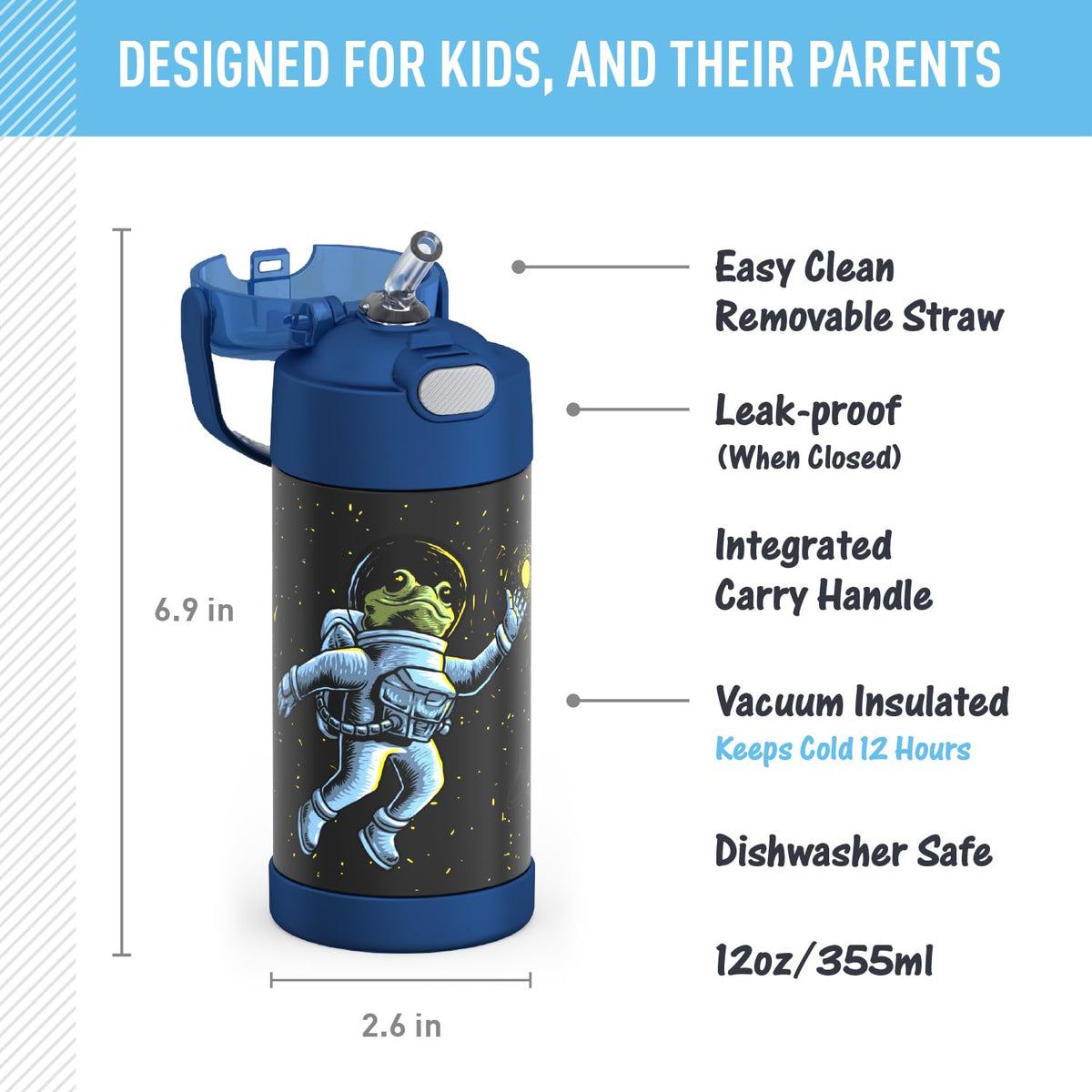 THERMOS FUNTAINER - Botella de agua con popote, 12 onzas, rana espacial, botella de agua aislada al aspiradora de acero inoxidable para niños con tapa