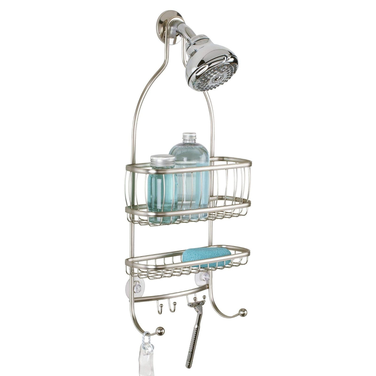 InterDesign York Lyra Shower Caddy, Satin | Espacio extra amplio, 9.75 x 4 x 22 pulgadas, ganchos para maquinillas de afeitar, toallas, champú, acondicionador, jabón