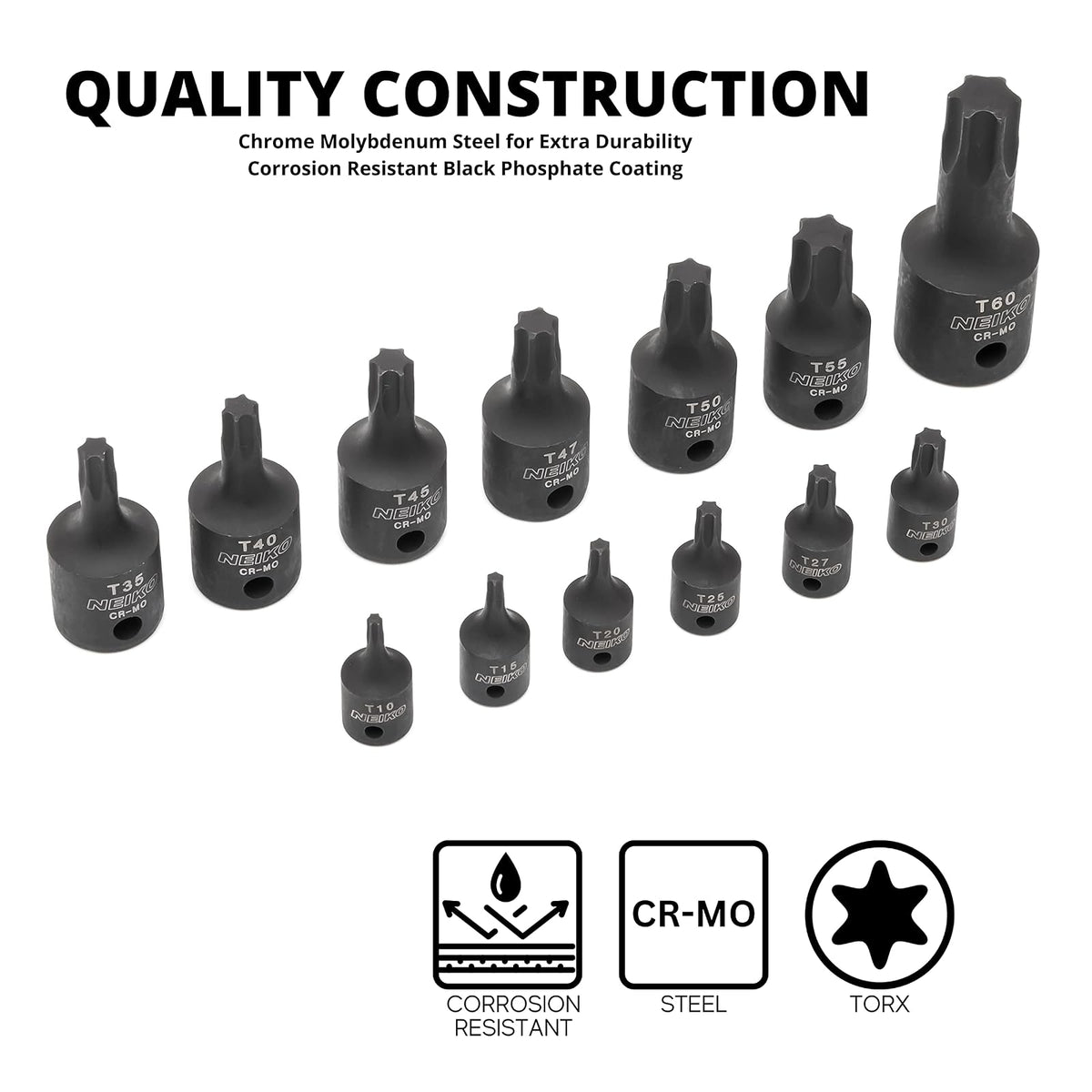 NEIKO 10281B - Juego de llaves de punta Torx de impacto de 1/4", 3/8" y 1/2", enchufes de estrella de 6 puntos, grado de impacto resistente Cr-Mo, T10 a T60 de alto impacto, juego de llaves mecánicas para automóviles y motocicletas de grado profesional