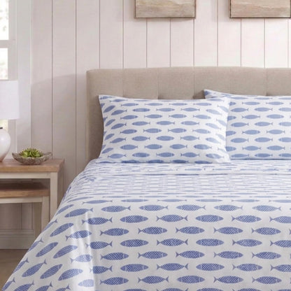 Nautica Woodblock Fish Sheet Set, Twin Blue
