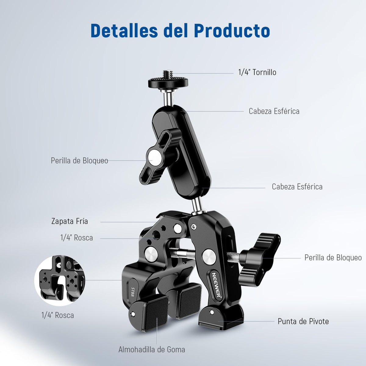 NEEWER Super Clamp con 3" Brazo Mágico Doble Cabeza Esférica, Phone Clamp Cámara con Roscas 1/4" 3/8", Soporte Teléfono, Adaptador Cámara Acción Compatible con GoPro dji iPhone 16 15 Pro MAX, ST88