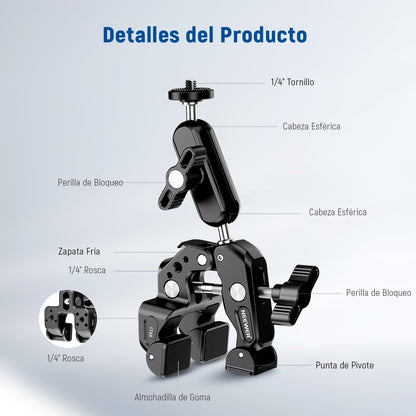 NEEWER Super Clamp con 3" Brazo Mágico Doble Cabeza Esférica, Phone Clamp Cámara con Roscas 1/4" 3/8", Soporte Teléfono, Adaptador Cámara Acción Compatible con GoPro dji iPhone 16 15 Pro MAX, ST88