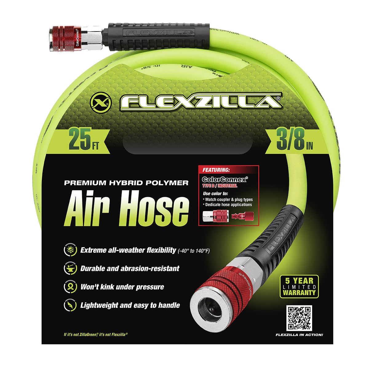 Flexzilla Air Hose with ColorConnex Industrial Type D Coupler and Plug, 3/8 in. x 25 ft, Heavy Duty, Lightweight, Hybrid, ZillaGreen - HFZ3825YW2-D