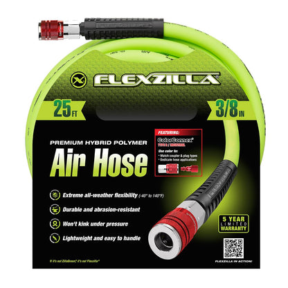 Flexzilla Air Hose with ColorConnex Industrial Type D Coupler and Plug, 3/8 in. x 25 ft, Heavy Duty, Lightweight, Hybrid, ZillaGreen - HFZ3825YW2-D
