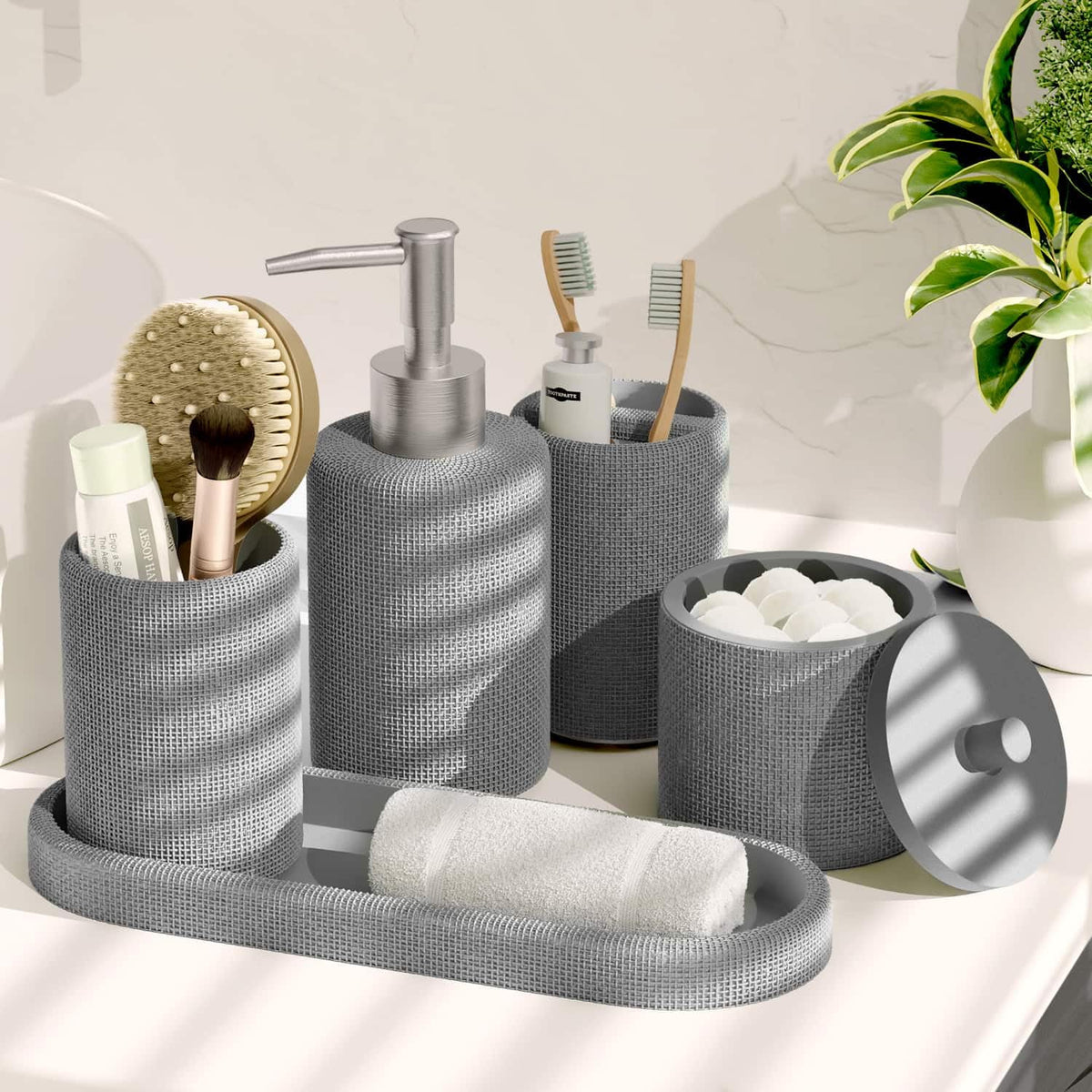 Clara Clark - Juego de Accesorios de baño Gris, Juego de Accesorios de baño de 5 Piezas, Juegos de baño con dispensador de jabón, Soporte para Cepillo para Polvo de Dientes, Vaso, Tarro de hisopo de