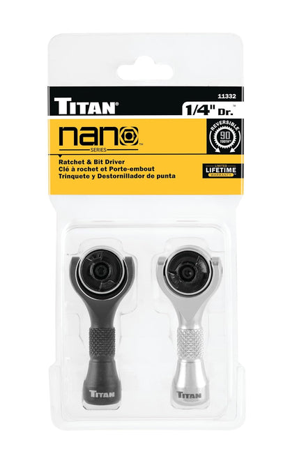 Titan 11332 Juego de 2 piezas: matraca nano de 90 dientes y destornillador de brocas con cabeza giratoria, cuadro de 1/4 pulgadas x 2-1/4 pulgadas (6.35 mm x 57.15 mm)