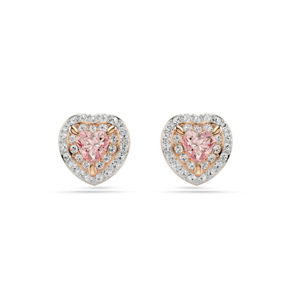 arete Swarovski One con forma de corazón, pavé, corazón, rosa, acabado de metal mixto