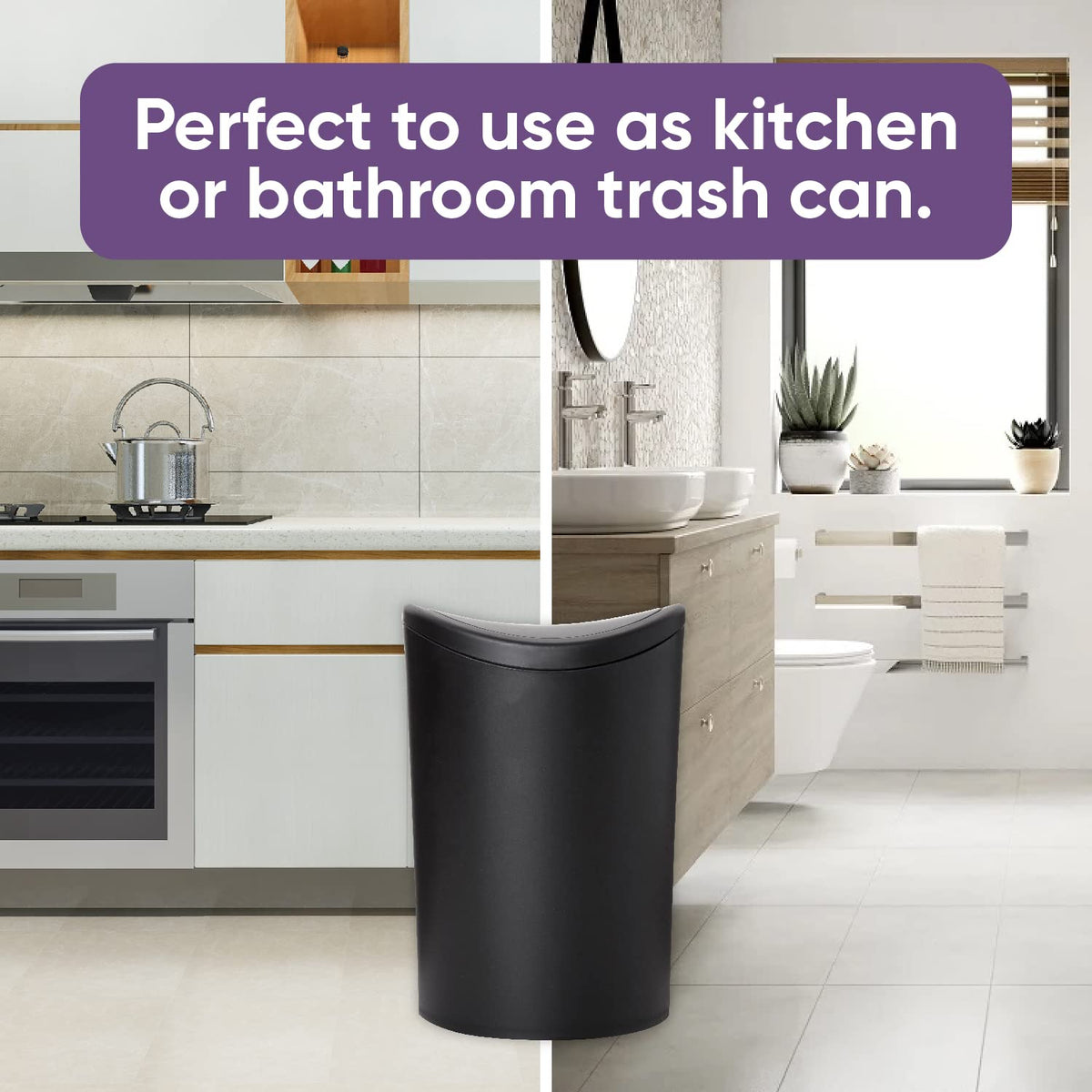 Superio Cubo de Basura con Tapa Abatible | Negro mate, 1.5 galones, 6 litros, plástico, para baño, cocina, oficina, debajo del computadora