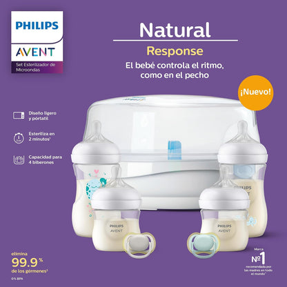 Philips Avent Set Esterilizador de Microondas y Biberones Natural Response | Alimentación y esterilización en uno | Elimina 99.9% de gérmenes en 2 min | 4 biberones Natural Response | 7 pz | 6673620