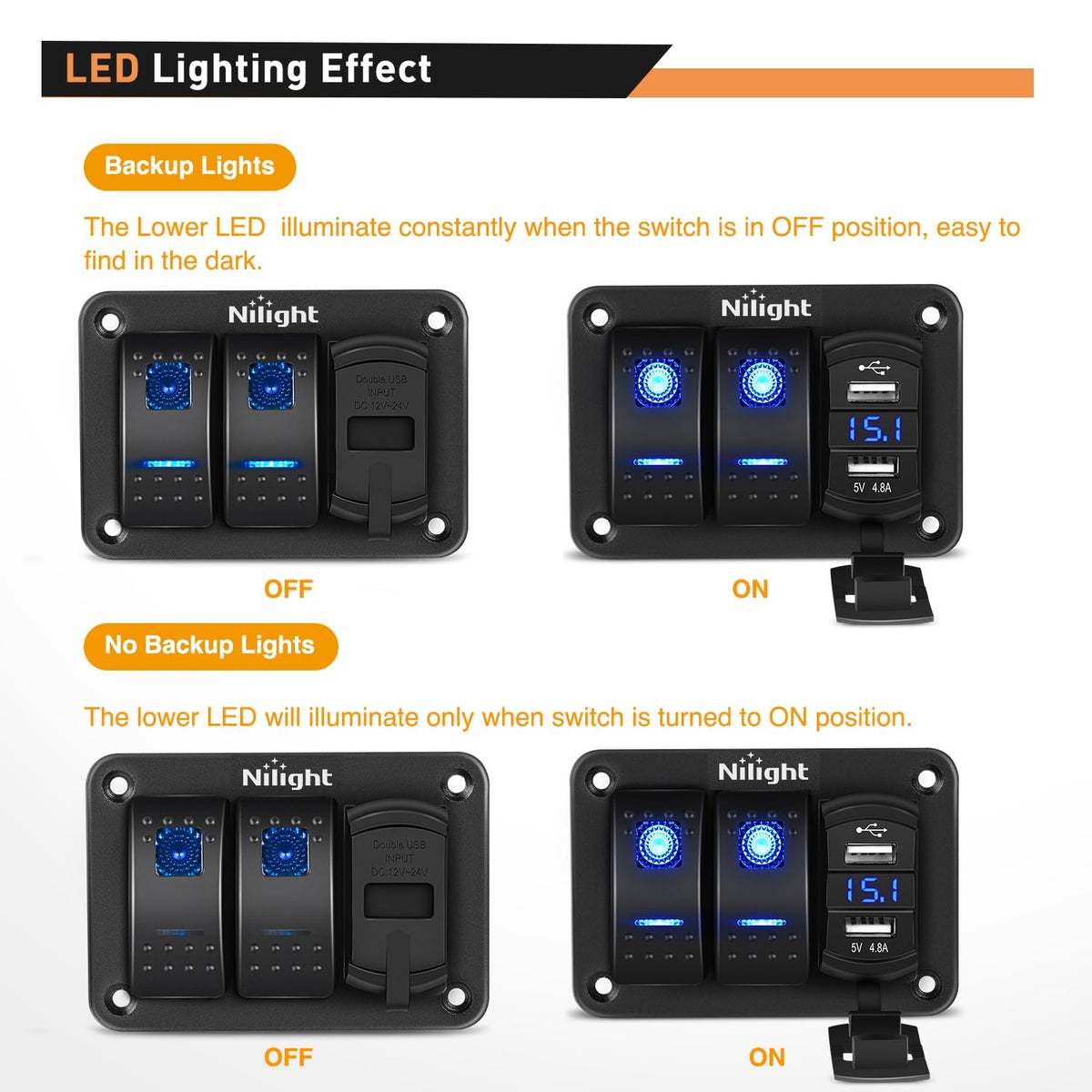 Nilight 90116C - Panel de Interruptor de 2 Bandas con Cargador USB Dual 4.8A y Voltímetro 12-24V CC