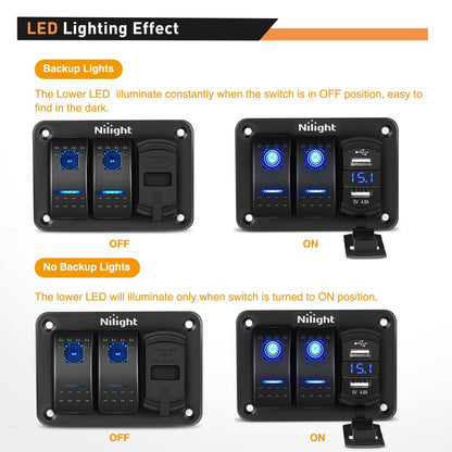 Nilight 90116C - Panel de Interruptor de 2 Bandas con Cargador USB Dual 4.8A y Voltímetro 12-24V CC