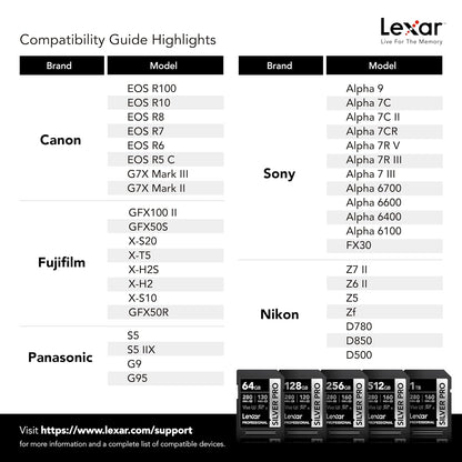 Lexar Professional Tarjeta de memoria Silver PRO SDXC UHS-II de 128 GB, C10, U3, V60, Full HD y video 4K, hasta 280 MB/s de lectura, para fotógrafo profesional, videógrafo, entusiasta (LSDSIPR128G-BNNNU)