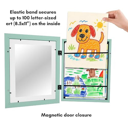 Marco de obras de arte para niños cambiable (verde marino) – Puerta magnética con capacidad para 100 piezas de arte, visualización de tamaño carta de 8.5 x 11 pulgadas con alfombrilla o 10 x 12.5