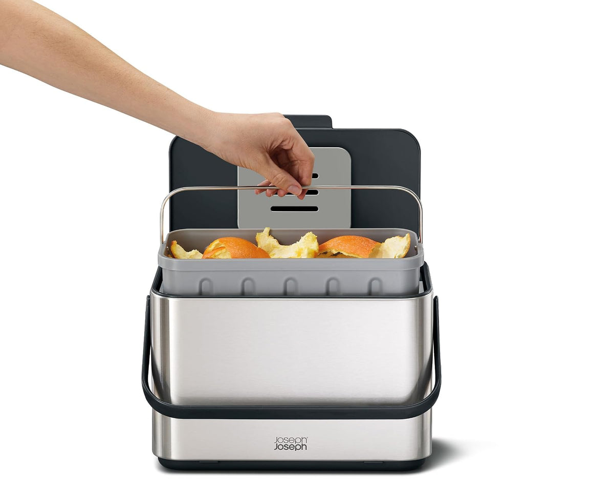 Joseph Joseph Collect cubeta de compostaje de Alimentos de Acero Inoxidable de 1.06 galones con asa, cubeta Interior extraíble y Almacenamiento de Forros de contenedor, Incluye Filtro de olores y 3