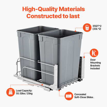 VEVOR Cubo de Basura Extraíble de 2 x 32,8 L, Doble, para Cocina, con Montaje Bajo Encimera, Carga 30 kg, con Puerta Corredera y Cierre Suave, para Armario de Cocina, Fregadero y Encimera, Gris