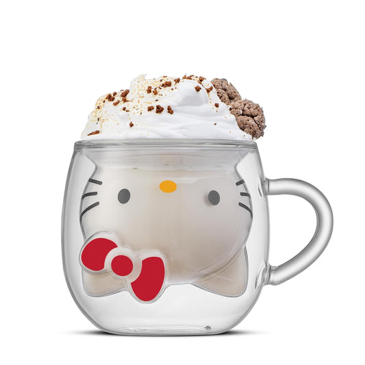 JoyJolt Hello Kitty Taza de café 3D, taza de vidrio de doble pared de 6 onzas con diseño 3D, vaso de chupito de espresso aislado, taza Kawaii Sanrio para café o té de doble tiro, cosas de cocina Hello