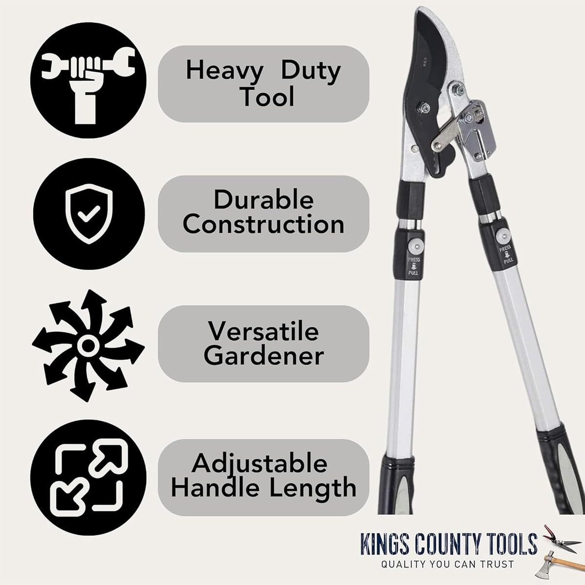 Kings County Tools - Lopper de derivación de doble carraca | Corta madera verde | Asas extensibles de 26 a 40 pulgadas de largo | Ramas de árbol o arbusto | 6 topes de posición con pasador