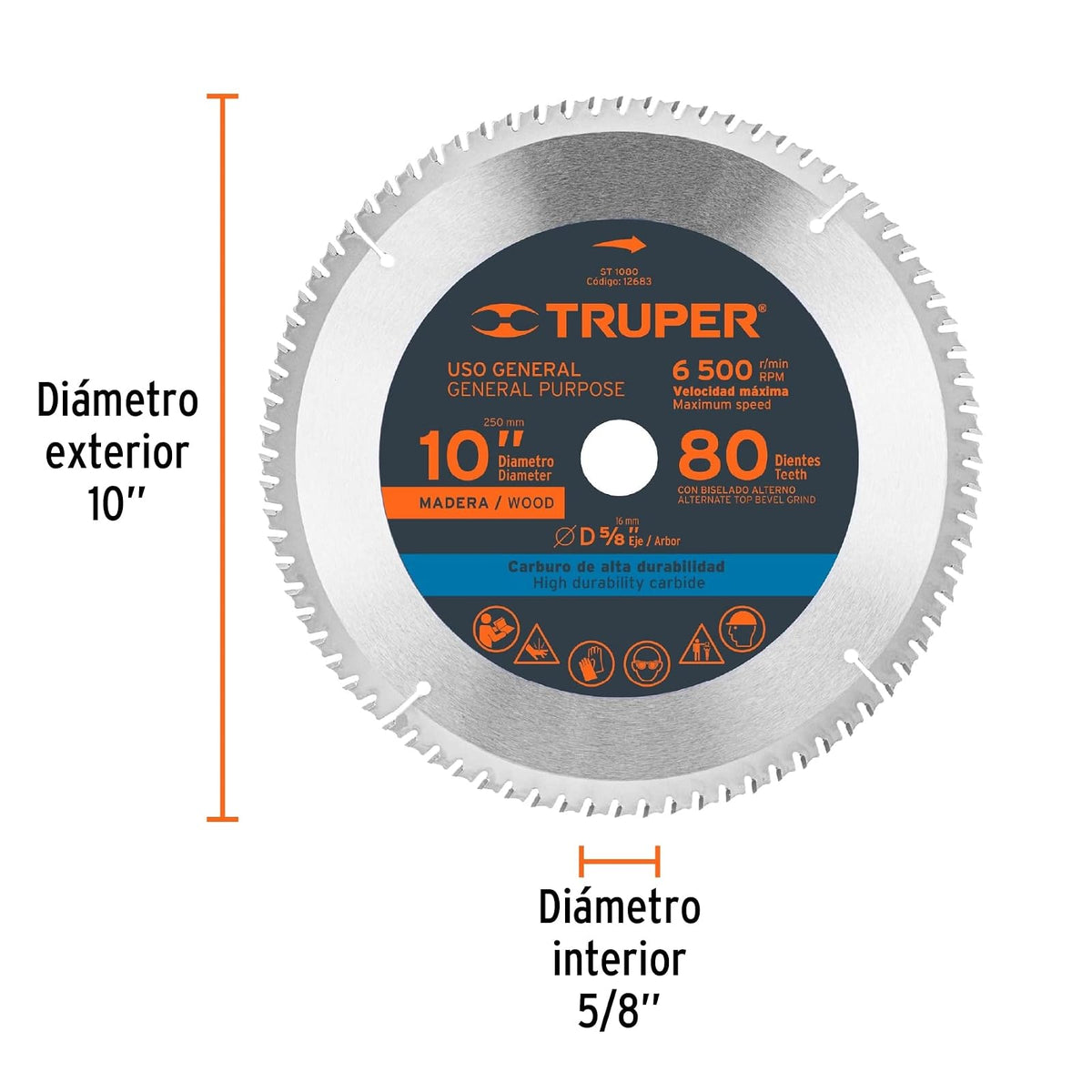 Truper ST-1080, Disco sierra p/madera 10", 80 dientes, centro 5/8"