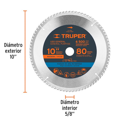 Truper ST-1080, Disco sierra p/madera 10", 80 dientes, centro 5/8"