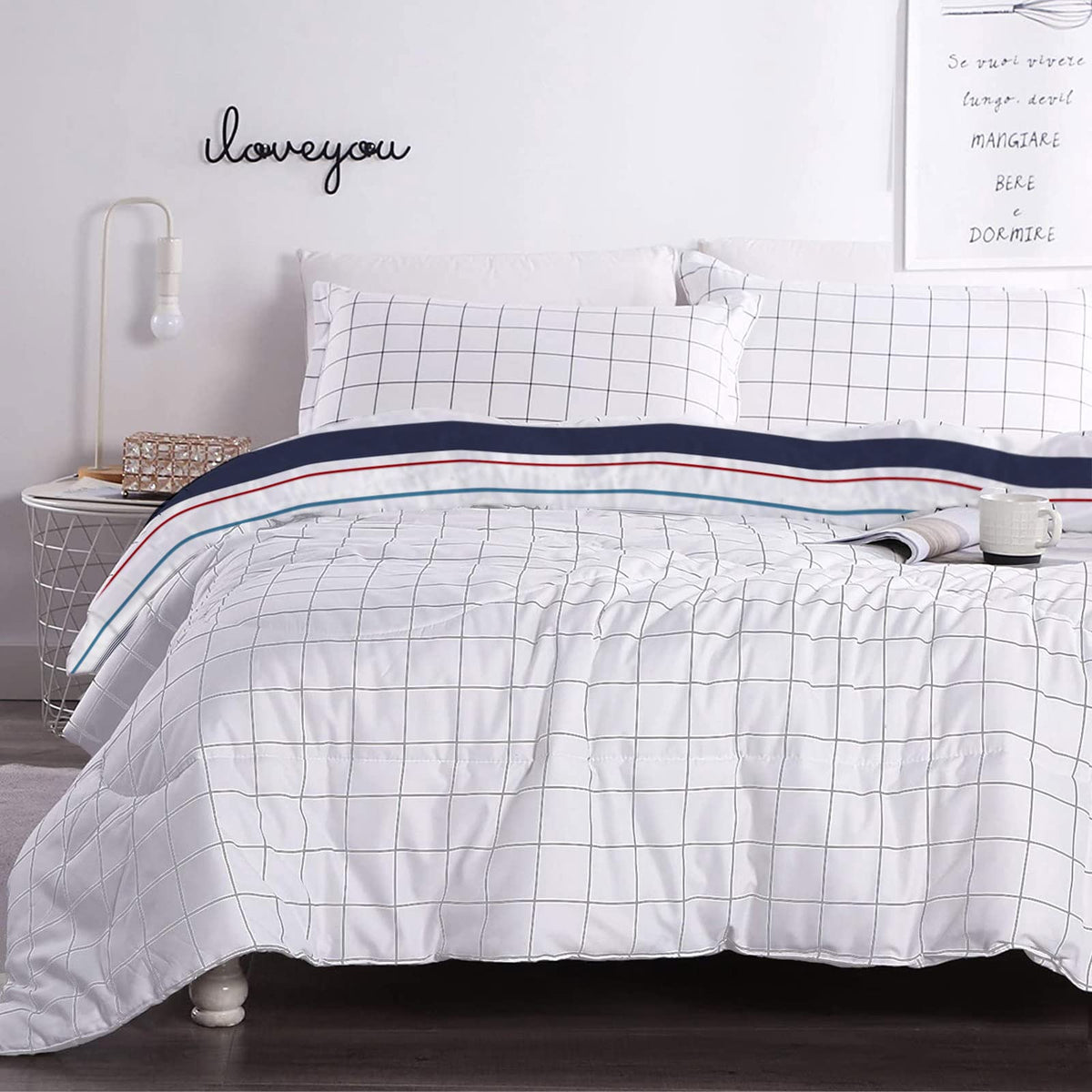 POLO ONE BY INBED Edredón Azules, Grises y Blancos 3 Piezas + Cojín, Diseño Julek Matrimonial