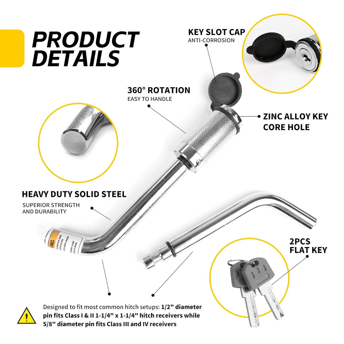 MaxxHaul 50058 Candado Receptor Enganche con Pasadores 5/8" y 1/2" Negro Estándar para Receptores 1-1/4" 2" 2-1/2" SUV/Camionetas