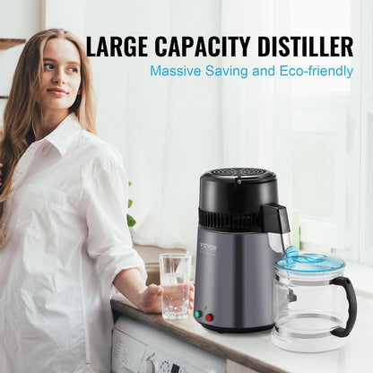 VEVOR Destilador de agua, filtro purificador de agua pura de 4 l y 1,05 galones para encimera del hogar, máquina de agua destilada de 750 W, destilador interior de acero inoxidable, color gris