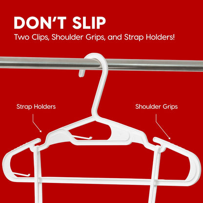 IRIS USA Ganchos de Plástico Flexible para Ropa, Paquete de 50 – con Ranuras en los Hombros, Organizadores para Accesorios Clóset Dormitorio o Lavandería Camisas Pantalones y Vestidos Ligeros, Blanco