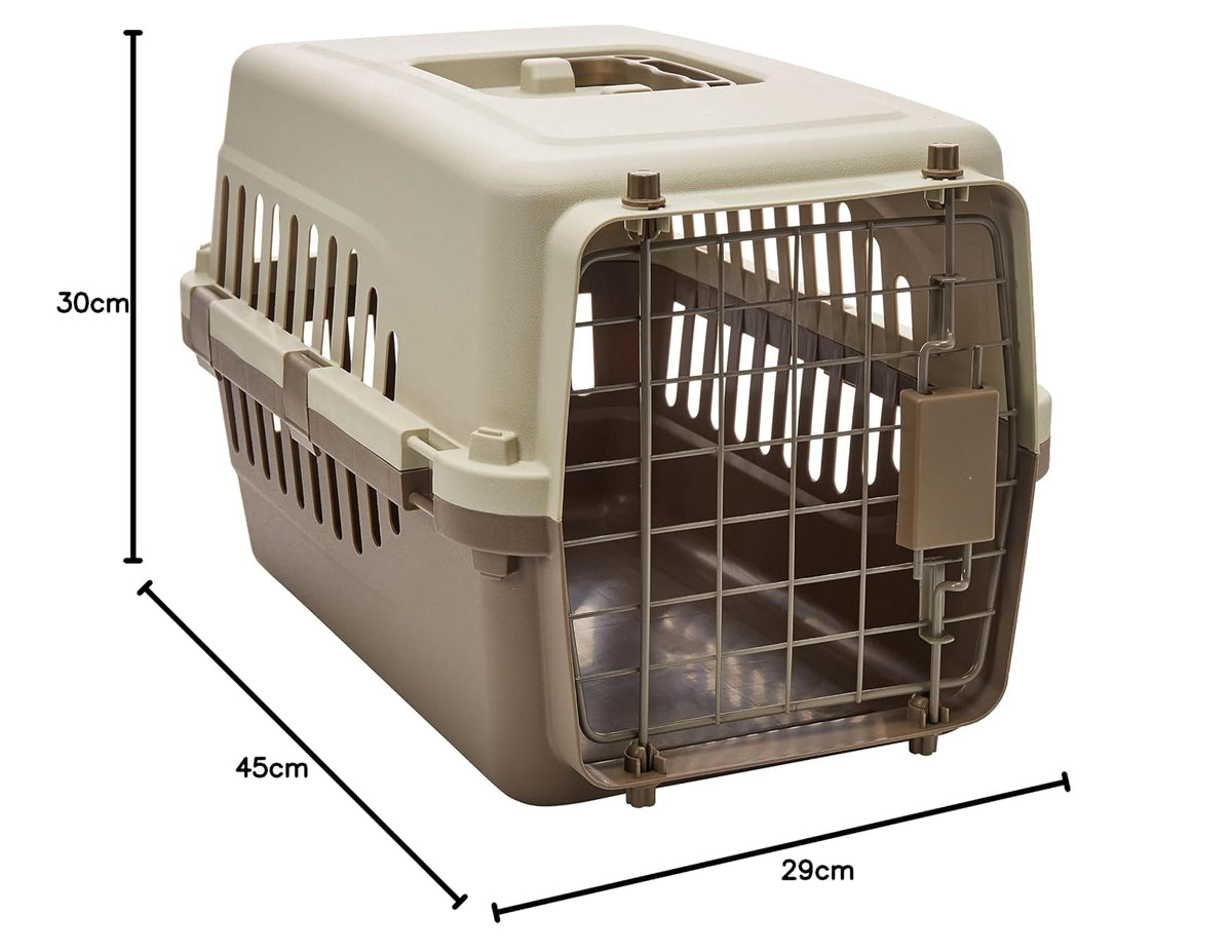 Transportadora para perros y gatos de hasta 5 kg, economica, puerta metalica, 45X30X29cm, color café