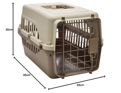 Transportadora para perros y gatos de hasta 5 kg, economica, puerta metalica, 45X30X29cm, color café