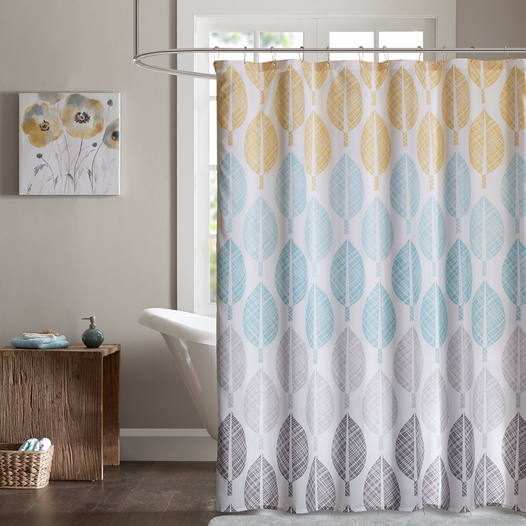 Madison Park Essentials Central Park Design - Cortinas de Ducha Modernas, botánicas, Casuales, para baño, 72 x 72 cm, Color Amarillo/Aguamarina, 72 x 72 cm