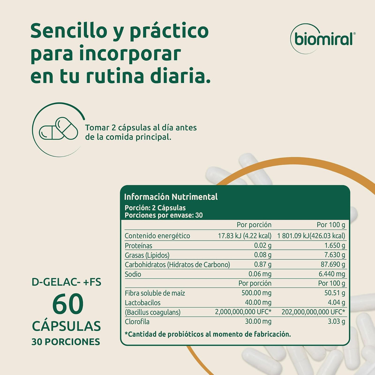 Biomiral D-Gelac+FS Probioticos y Prebioticos, 60 Capsulas | Clorofila, Fibra y Lactobacilos, 495 mg, 2 Billones de UFC, Libre de OGM