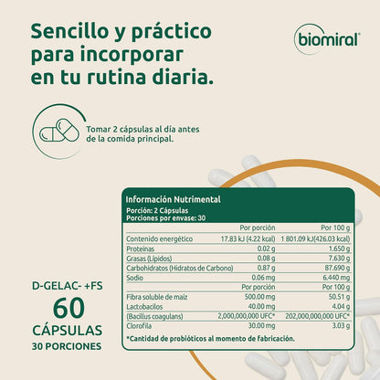 Biomiral D-Gelac+FS Probioticos y Prebioticos, 60 Capsulas | Clorofila, Fibra y Lactobacilos, 495 mg, 2 Billones de UFC, Libre de OGM