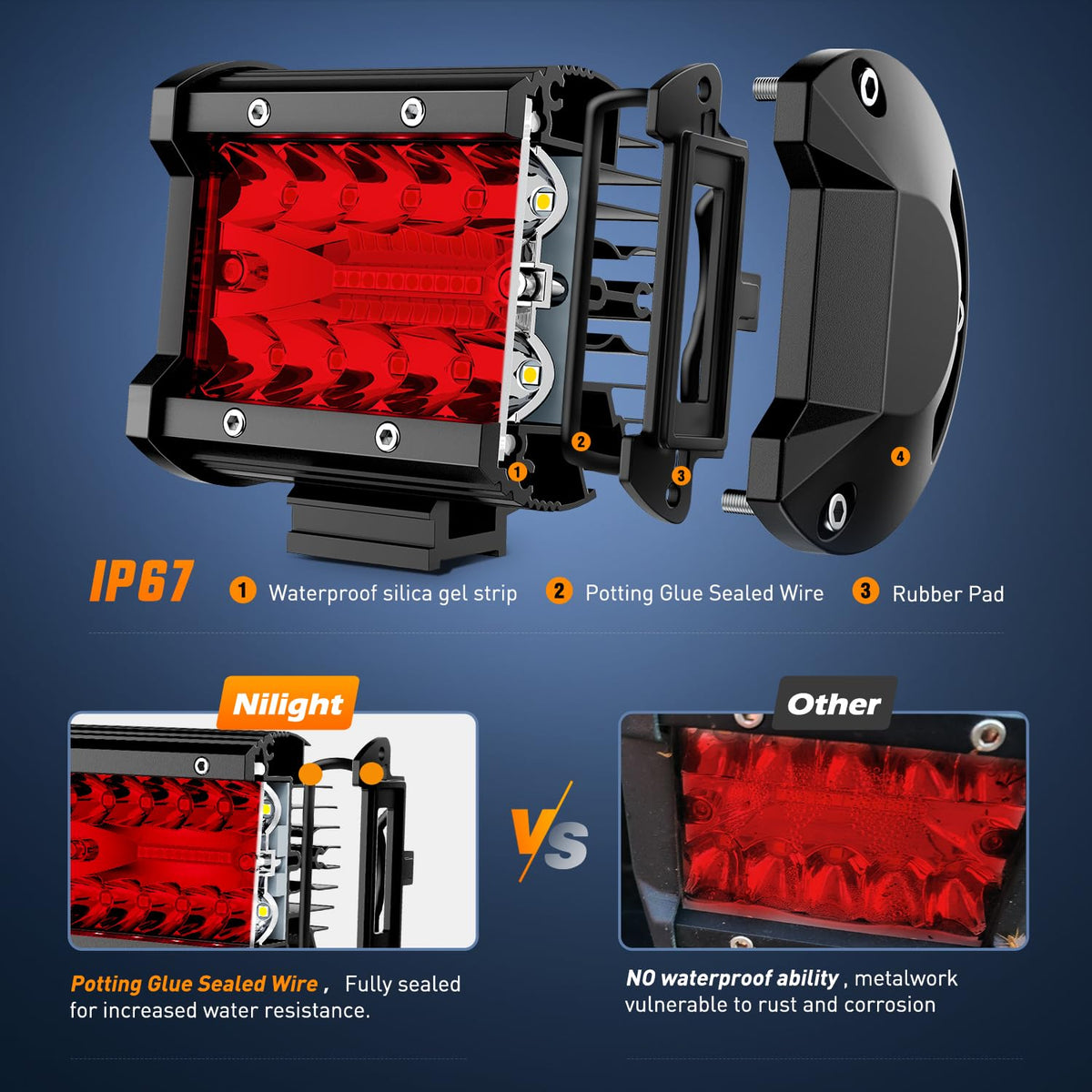 Nilight Luces LED Rojas 4 in, Triple Fila, 60 W, Haz de Inundacion, Paquete de 2 18202R