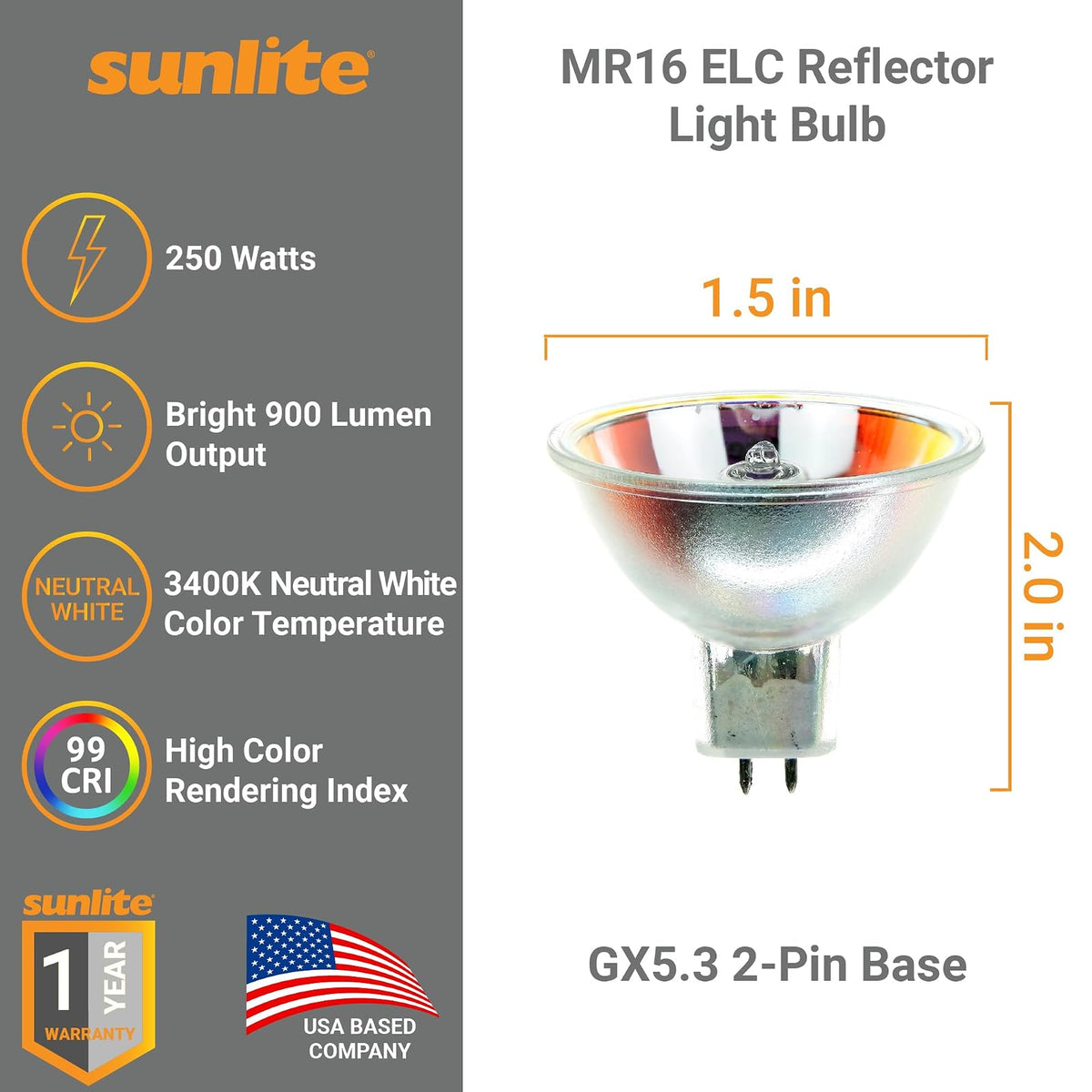 Sunlite ELC 250W/MR16/24V/CL/GX5.3 250-watt 24-volt Bi-Pin Based Stage and Studio MR16 Bulb, Clear