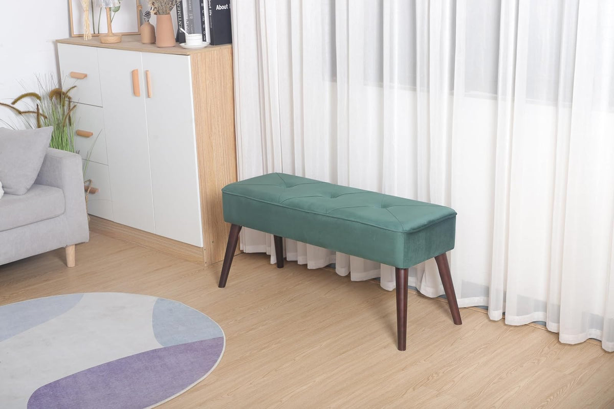 Sochic Taburete Tapizado en Terciopelo Verde con Patas de Madera de Caucho de Nogal y Marco de Madera