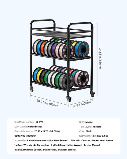 VEVOR Estante de Almacenamiento de Filamentos de 3 Niveles para Impresión 3D Soporte de Metal para Bobinas de Filamento con Ruedas 680 x 400 x 880 mm para Estudios, Talleres, Oficinas, Negro