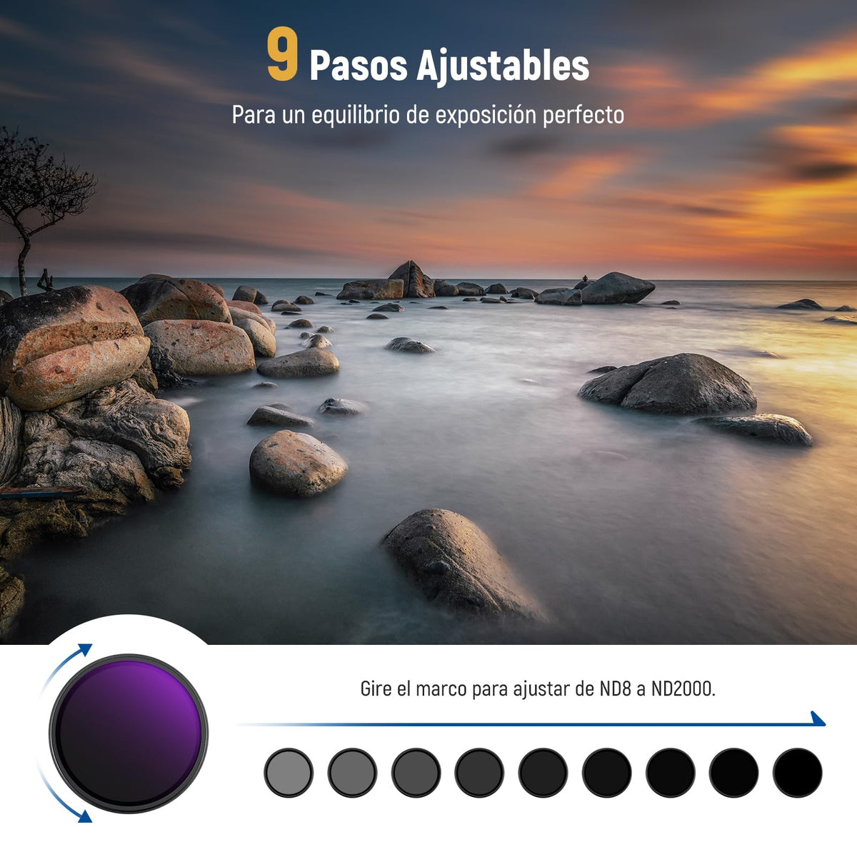 NEEWER 58mm Filtro ND Variable (ND8-2000), True Color & Pasos Duros, Filtro Lente Densidad Neutra Limitada de 3 a 11 Pasos para Cámaras DSLR sin Espejo, Cristal Óptico Multicapa, Marco Alumnio