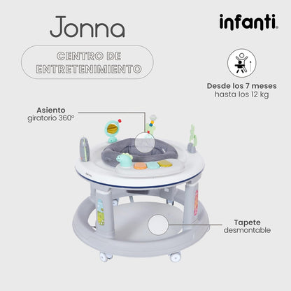 Infanti | Andadera JONNA 4 en 1 con Asiento Giratorio 360° | Se Transforma en Centro de Entretenimiento y Mesita Interactiva | Andador con Juguetes y Sonidos | Altura Ajustable | Color Gris