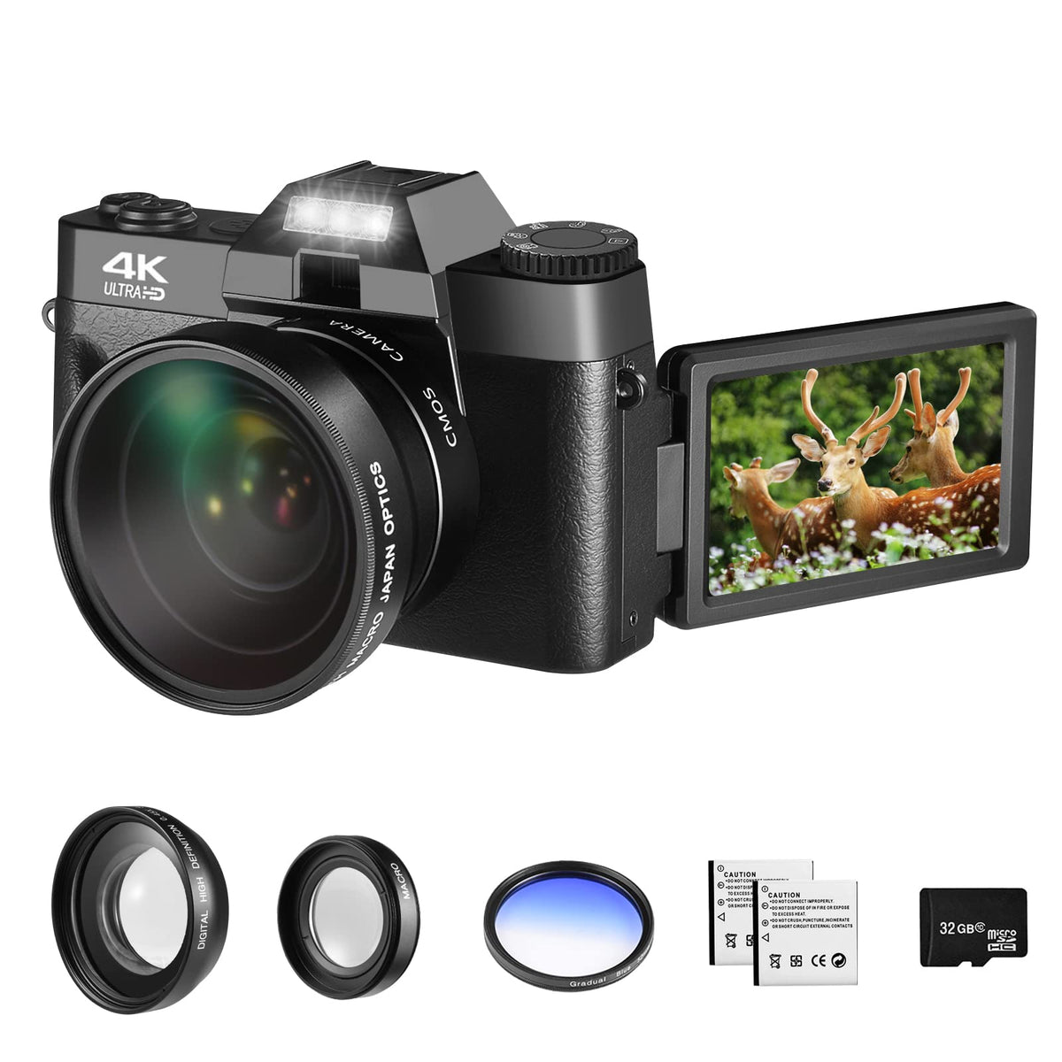 Lierhyt Cámara Digital de 48 MP para fotografía, cámara de vlogging 4K, cámara Digital para niños y Adultos con visualización abatible de 180°, Zoom Digital de 16 X, Lente Gran Angular, Lente Macro,