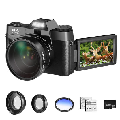 Lierhyt Cámara Digital de 48 MP para fotografía, cámara de vlogging 4K, cámara Digital para niños y Adultos con visualización abatible de 180°, Zoom Digital de 16 X, Lente Gran Angular, Lente Macro,