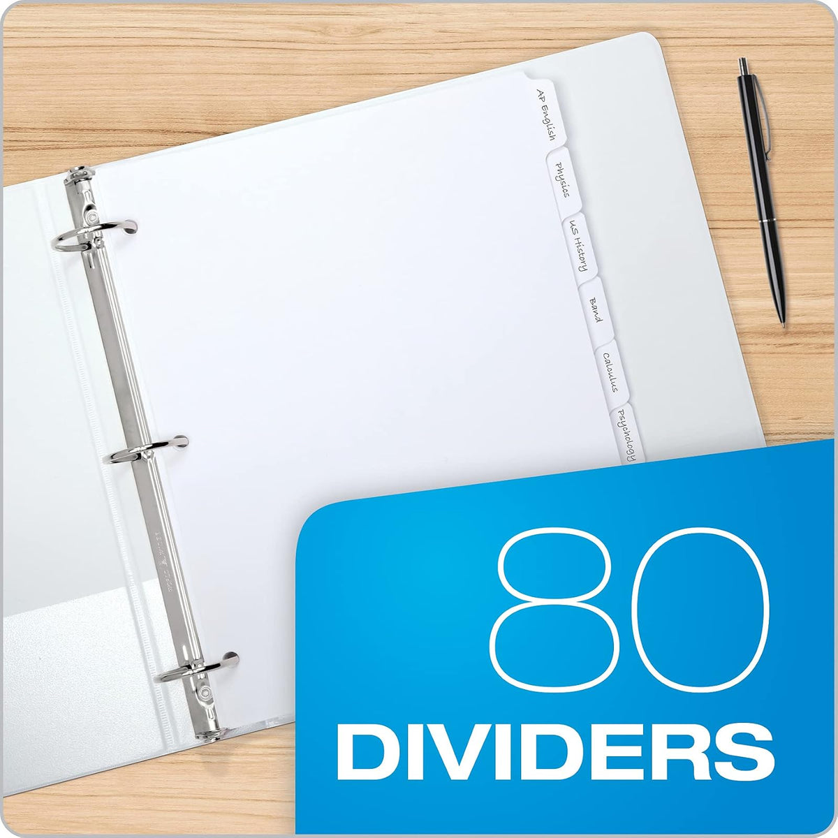 Oxford 89982 - Divisores de carpeta para 3 anillos, plástico duradero, pestañas de corte 1/8, separadores de 3 agujeros en 8 juegos de pestañas, 80 divisores, 10 juegos, blanco
