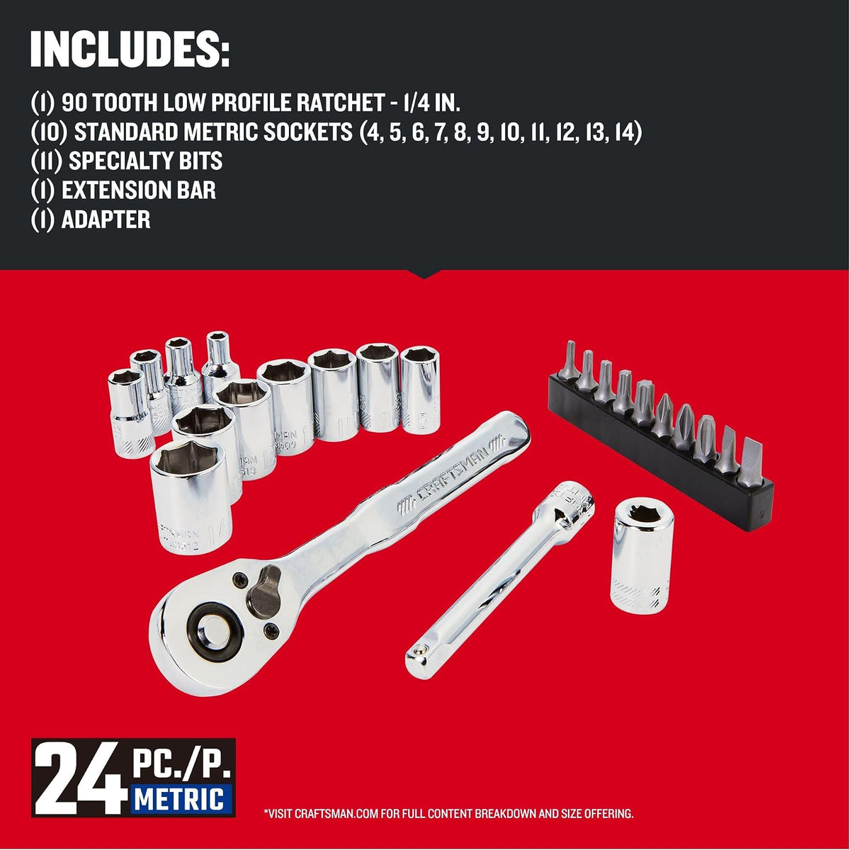 CRAFTSMAN Juego de llaves de 24 piezas, unidad de 1/4 pulgadas, métrica, incluye caja de almacenamiento (CMMT12110LZ)