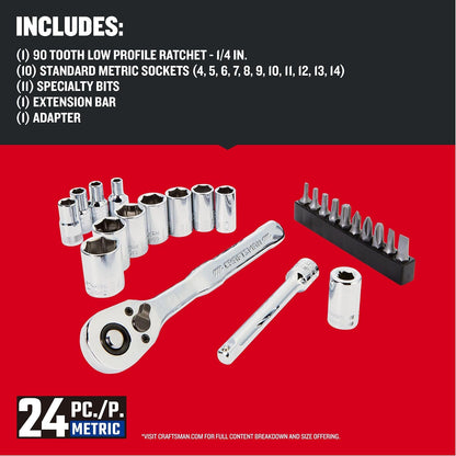 CRAFTSMAN Juego de llaves de 24 piezas, unidad de 1/4 pulgadas, métrica, incluye caja de almacenamiento (CMMT12110LZ)