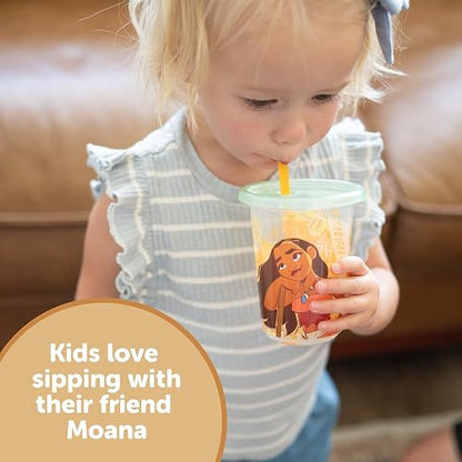 The First Years Take & Toss - Copas de paja para niños pequeños – Moana – Vasos para beber a prueba de derrames con tapas y popotes a presión – Copas reutilizables para niños pequeños para viajes