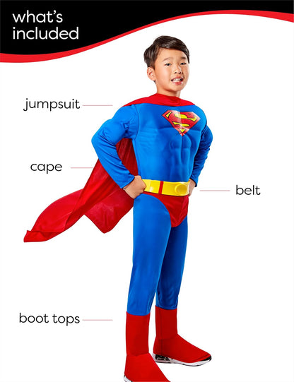 Super DC Heroes Deluxe - Disfraz de Superman en el pecho muscular, niño pequeño